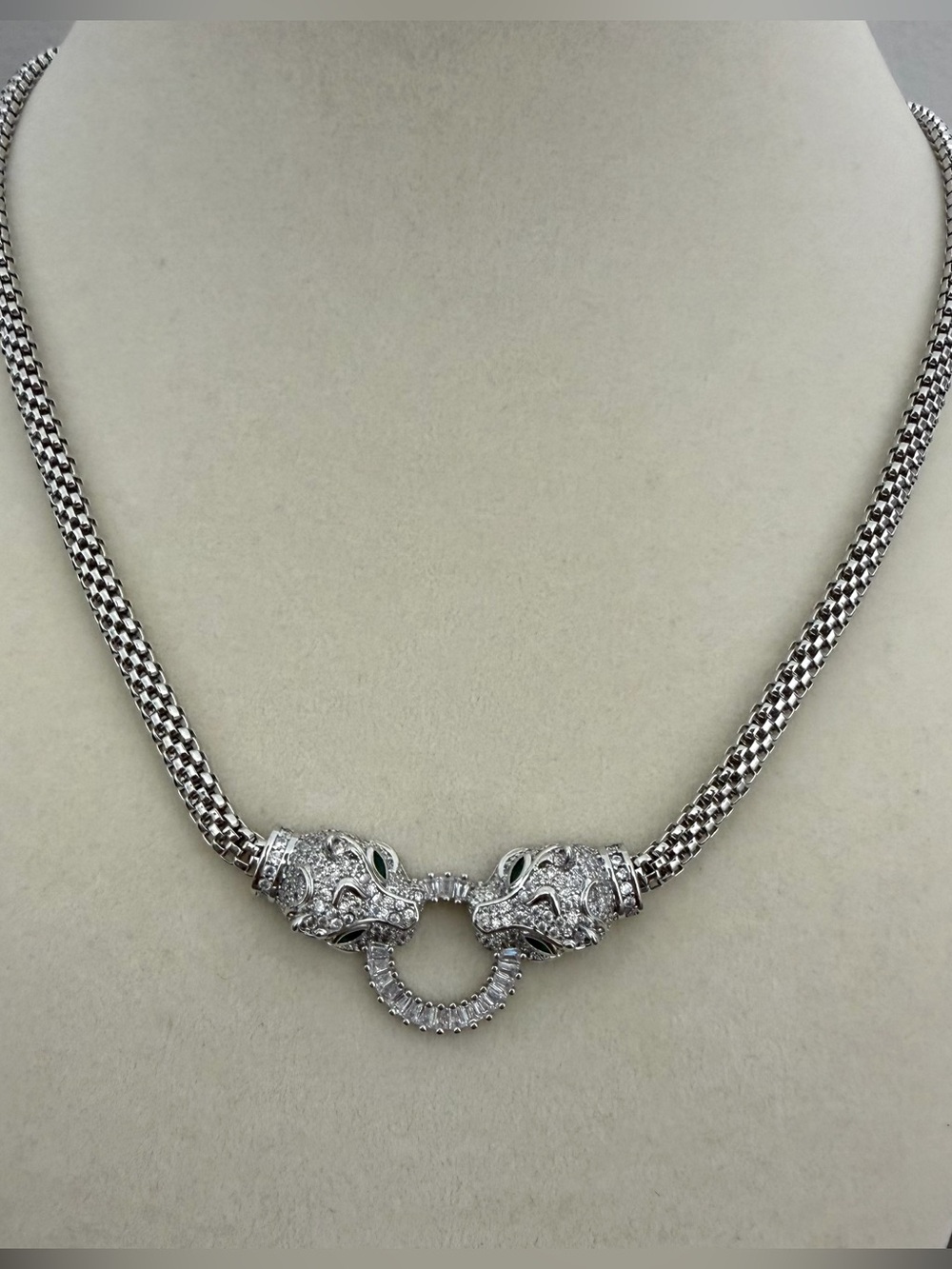 NWT Double Panther Head Mesh Chain Statement Necklace Silver Plated Cz